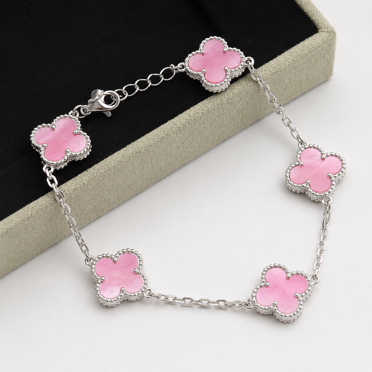 Vintage Five-Motif Pink Mother-of-Pearl Clover Bracelet