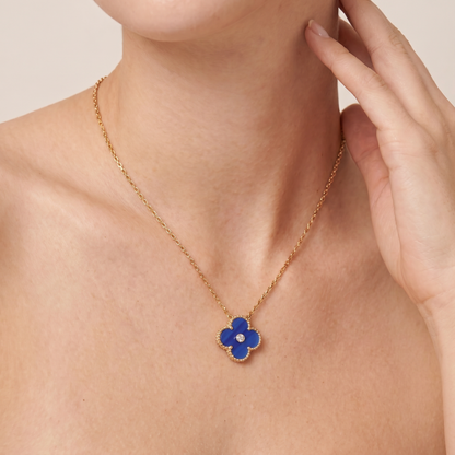 Vintage Alhambra Blue Agate 1 Diamond Clover Necklace