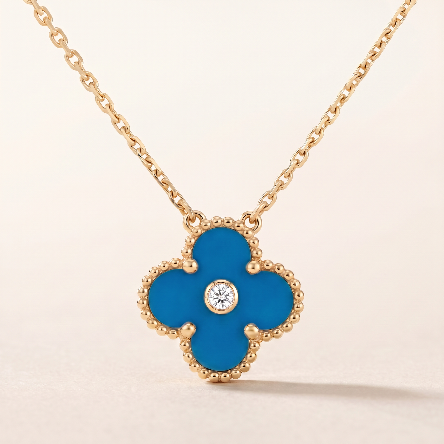 Vintage Alhambra Blue Agate 1 Diamond Clover Necklace