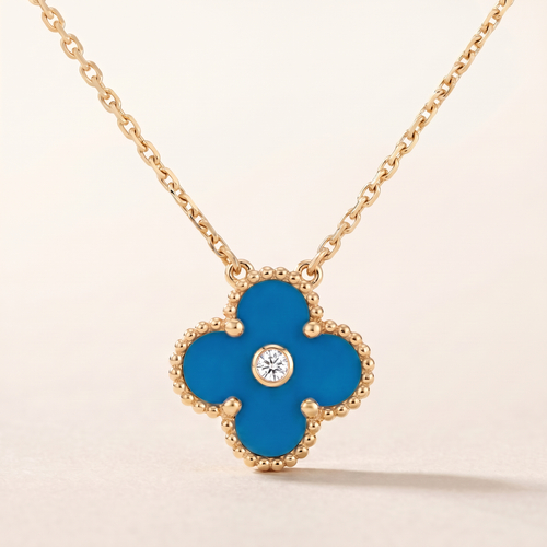 Vintage Alhambra Blue Agate 1 Diamond Clover Necklace