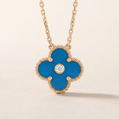 Vintage Alhambra Blue Agate 1 Diamond Clover Necklace