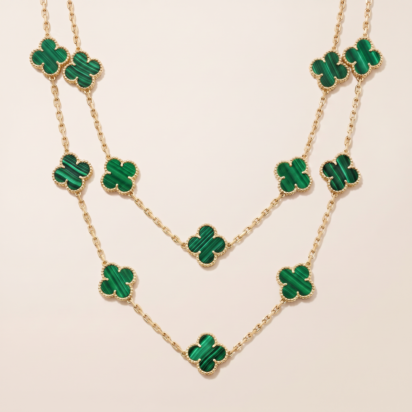 Vintage Alhambra Malachite 20 Motifs Long Necklace