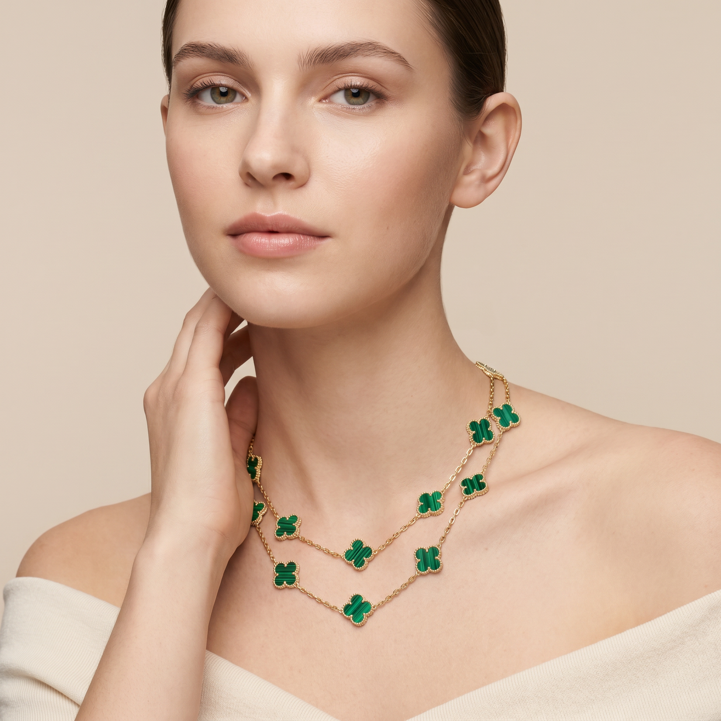 Vintage Alhambra Malachite 20 Motifs Long Necklace